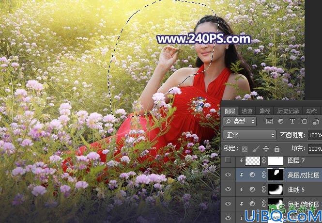 Photoshop调色教程：给花园中拍摄的性感女人照片调出唯美的紫色，阳光色