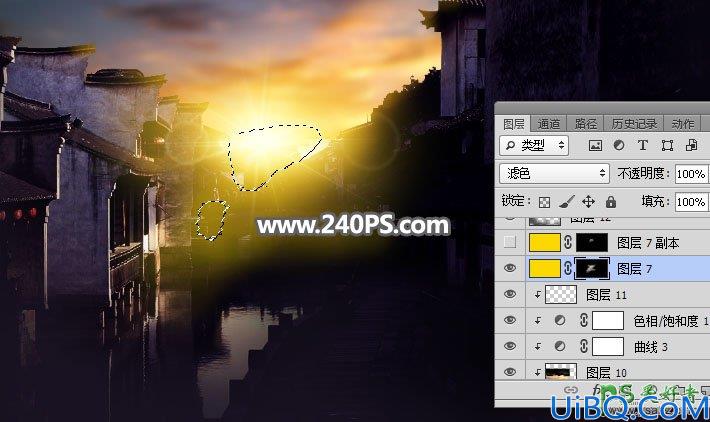 Photoshop给江南古镇建筑风景照调出漂亮的霞光色，夕阳效果。