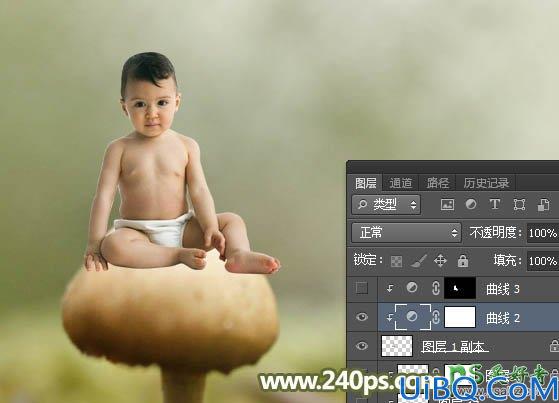 Photoshop婴儿照片合成教程：创意打造可爱婴儿坐在蘑菇上的小天使形象图