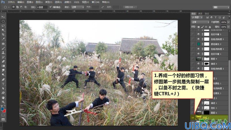 Photoshop调色教程：给武打片电影剧照调出低饱和度暗青色大片画面色彩。