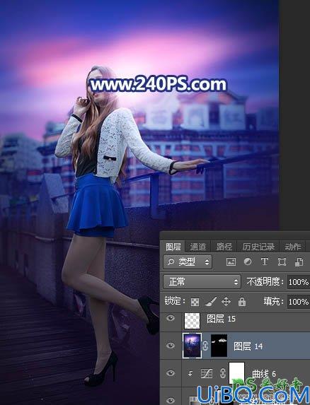 Photoshop给长腿美女模特外景照片调出蓝紫色霞光色彩。