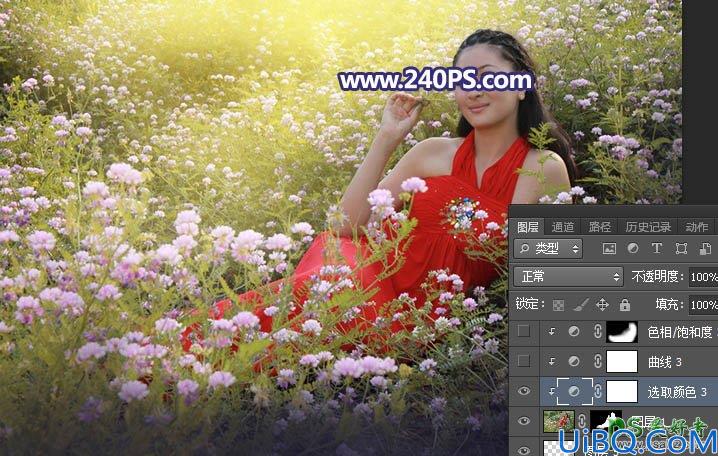 Photoshop调色教程：给花园中拍摄的性感女人照片调出唯美的紫色，阳光色