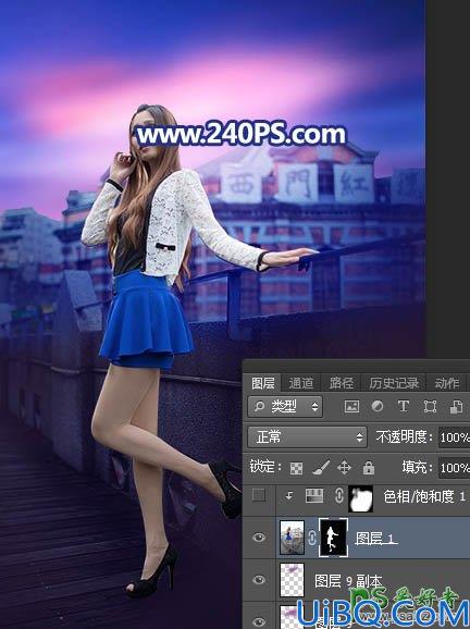 Photoshop给长腿美女模特外景照片调出蓝紫色霞光色彩。