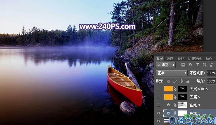 Photoshop风景照调色实例：给平静的湖景照片加上唯美的日出效果。