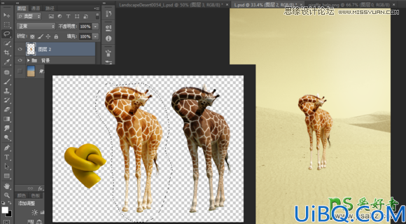 Photoshop溶图教程：用CC版本操控变形创意合成沙漠里脖子打结的长颈鹿