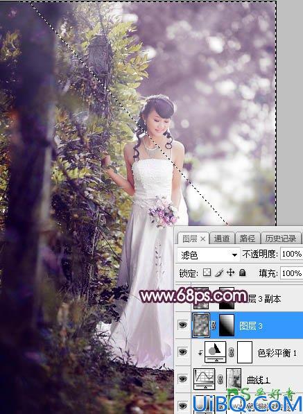 Photoshop给树林中拍摄的清新美女婚纱艺术照调出唯美的淡紫色