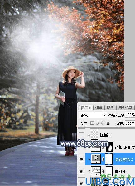 Photoshop给白领职业装妖媚美女公园写真照调出暗调秋季色彩