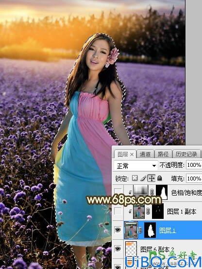 Photoshop给粉色长裙性感嫂子花圃中的写真照调出唯美意境霞光色