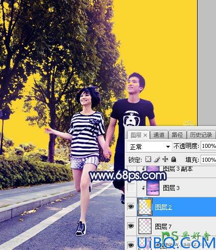 Photoshop调色教程：给街头慢跑的情侣照片调出唯美风格紫色霞光效果
