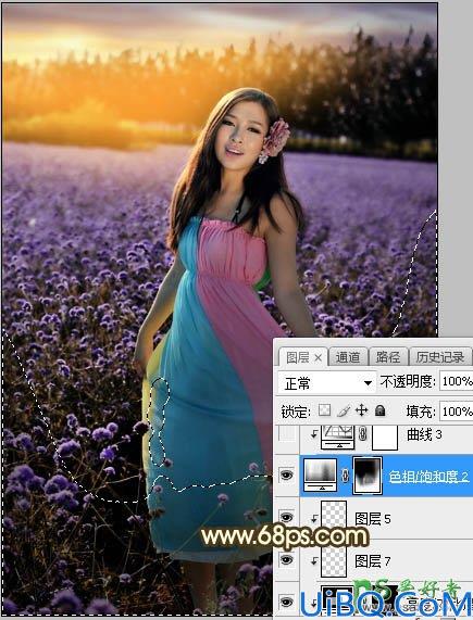 Photoshop给粉色长裙性感嫂子花圃中的写真照调出唯美意境霞光色