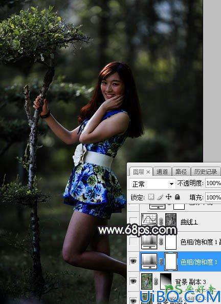 Photoshop调色教程：给唯美森林中自拍的成熟魅力女人艺术照调出中性紫绿