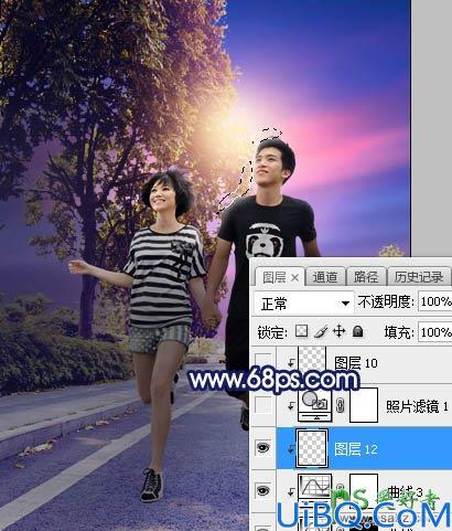 Photoshop调色教程：给街头慢跑的情侣照片调出唯美风格紫色霞光效果