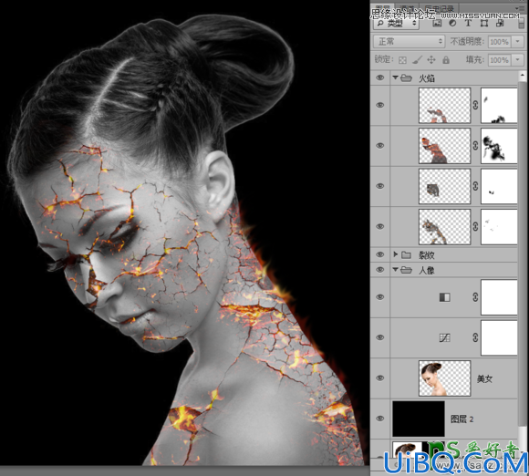 Photoshop美女头像合成教程：创意合成碎裂打散效果的火焰美女头像