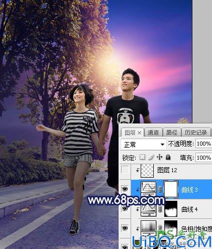 Photoshop调色教程：给街头慢跑的情侣照片调出唯美风格紫色霞光效果