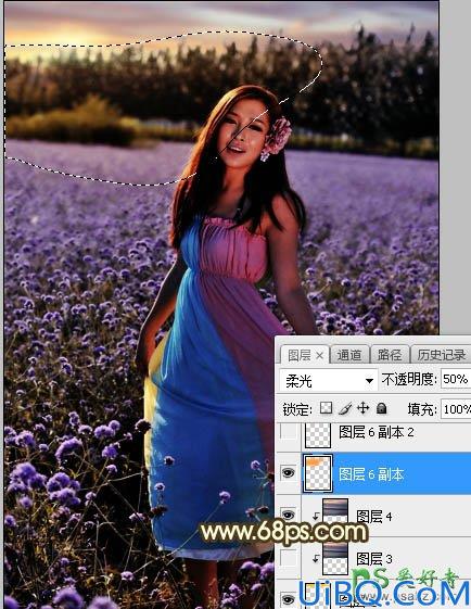 Photoshop给粉色长裙性感嫂子花圃中的写真照调出唯美意境霞光色