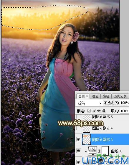 Photoshop给粉色长裙性感嫂子花圃中的写真照调出唯美意境霞光色