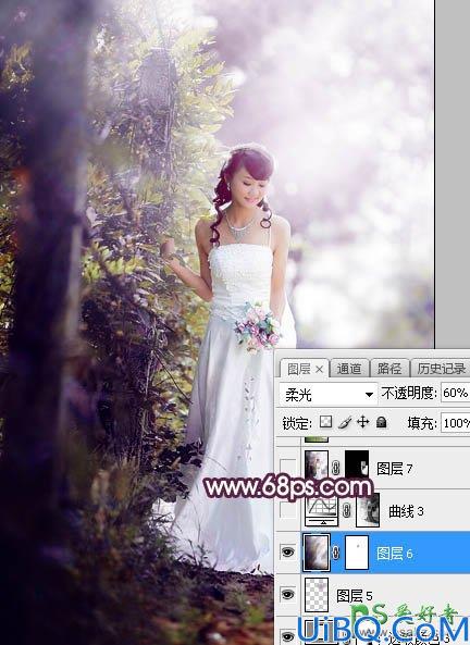 Photoshop给树林中拍摄的清新美女婚纱艺术照调出唯美的淡紫色