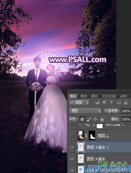 Photoshop婚纱照调色：给秋景树林中拍摄的情侣婚片调出浪漫的紫色霞光