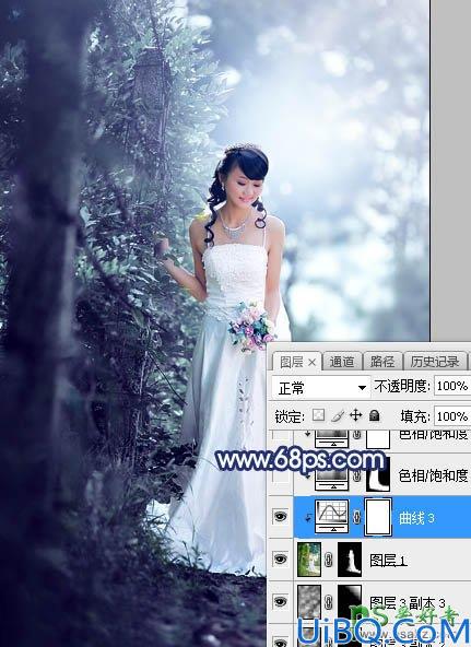 Photoshop婚片调色教程：给秋季树林中拍摄的美女婚纱照调出唯美的青蓝色