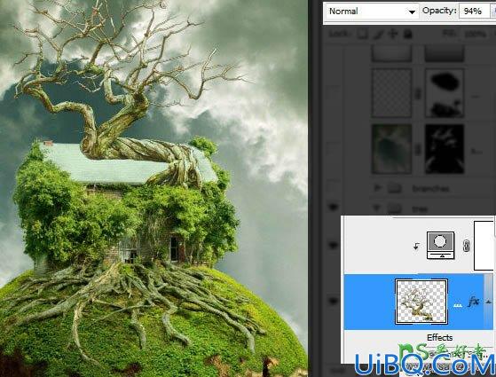 Photoshop合成教程：合成科幻效果的古老树屋-天空中飞翔的古树效果
