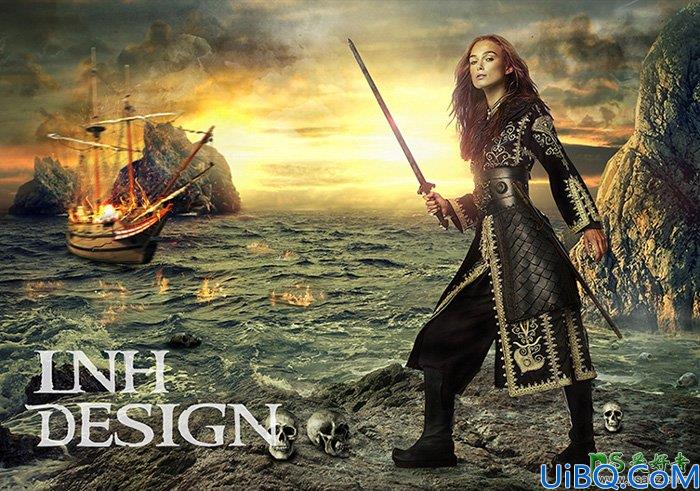 Photoshop美女合成教程：打造超酷风格创意美女海盗影片宣传海报效果图