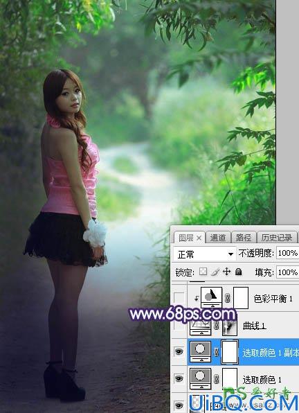 Photoshop调出蓝色唯美色彩的美腿女生外景照片，暗调蓝紫色