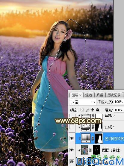 Photoshop给粉色长裙性感嫂子花圃中的写真照调出唯美意境霞光色