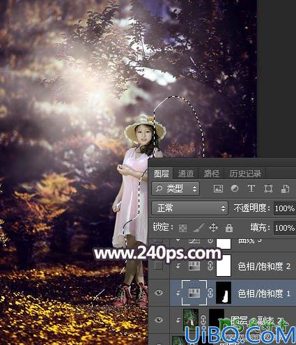 Photoshop少妇图片调色：给森林中的性感高贵少妇图片调出唯美的暗红色