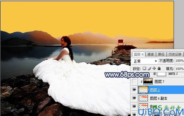 Photoshop美女婚片调色教程：给漂亮的美女湖景婚纱照调出唯美的霞光色彩