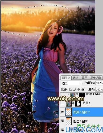 Photoshop给粉色长裙性感嫂子花圃中的写真照调出唯美意境霞光色