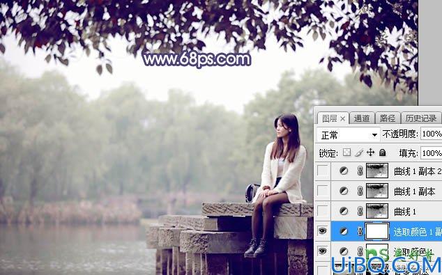Photoshop调色教程：给石桥上自拍的黑丝美腿嫩妹妹外景照调出唯美的紫色