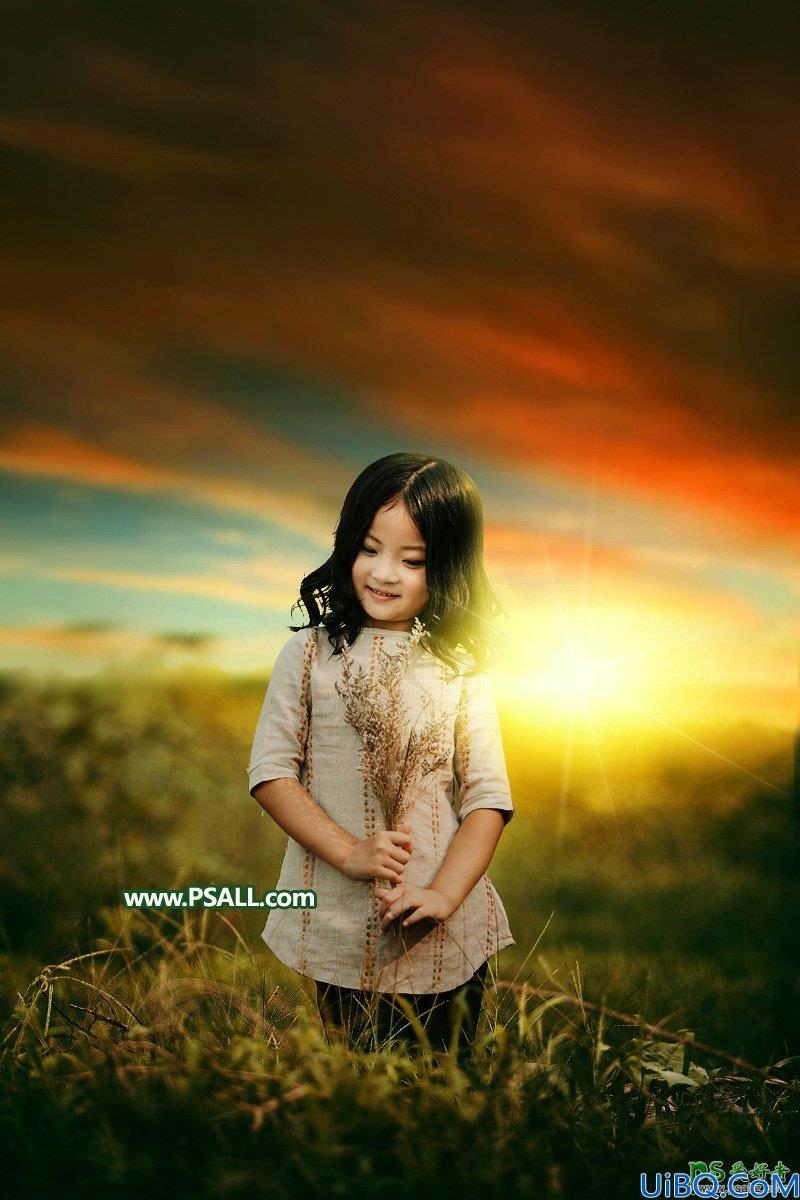 Photoshop给郊外自拍的可爱小女孩儿生活照调出温暖的青黄色