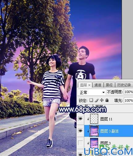 Photoshop调色教程：给街头慢跑的情侣照片调出唯美风格紫色霞光效果