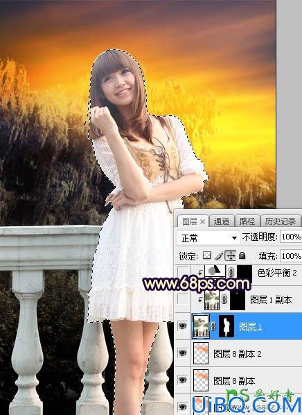 Photoshop调色教程：利用霞光素材给外拍美女艺术写真照调出梦幻的暖黄色