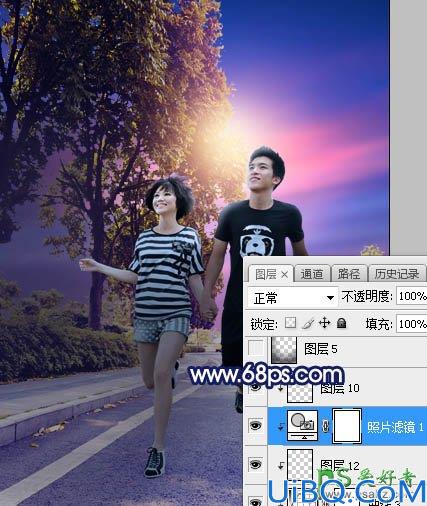 Photoshop调色教程：给街头慢跑的情侣照片调出唯美风格紫色霞光效果