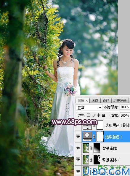 Photoshop给树林中拍摄的清新美女婚纱艺术照调出唯美的淡紫色