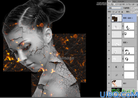 Photoshop美女头像合成教程：创意合成碎裂打散效果的火焰美女头像
