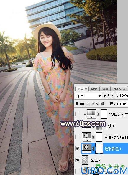 Photoshop给街景广场中的美腿女生照片调出暖色调黄昏日光效果