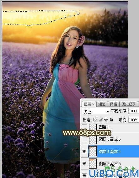 Photoshop给粉色长裙性感嫂子花圃中的写真照调出唯美意境霞光色