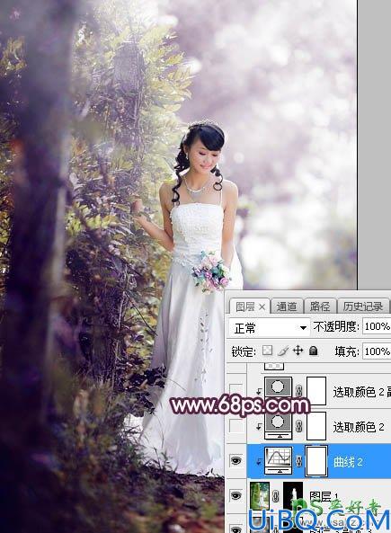 Photoshop给树林中拍摄的清新美女婚纱艺术照调出唯美的淡紫色