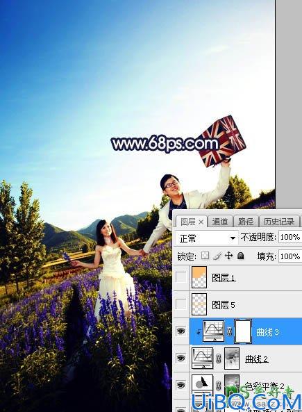 Photoshop给薰衣草花海中拍摄的情侣婚纱照调出绚丽的霞光色