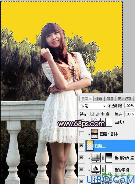 Photoshop调色教程：利用霞光素材给外拍美女艺术写真照调出梦幻的暖黄色