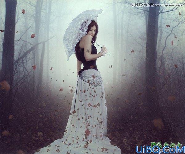 Photoshop创意合成在森林中漫步的打伞女孩-漂亮唯美女孩