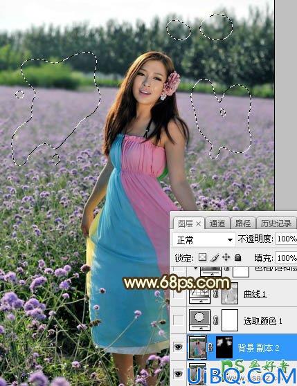 Photoshop给粉色长裙性感嫂子花圃中的写真照调出唯美意境霞光色