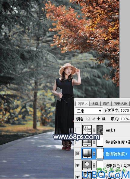 Photoshop给白领职业装妖媚美女公园写真照调出暗调秋季色彩