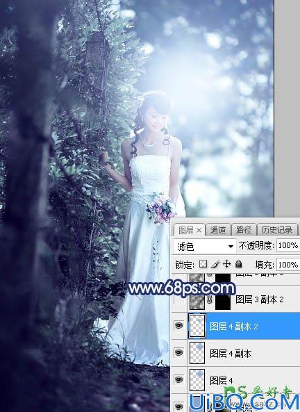 Photoshop婚片调色教程：给秋季树林中拍摄的美女婚纱照调出唯美的青蓝色