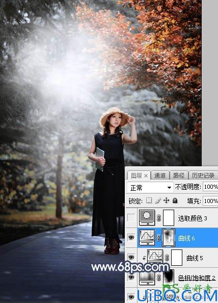 Photoshop给白领职业装妖媚美女公园写真照调出暗调秋季色彩