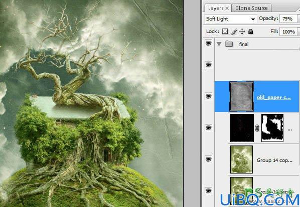 Photoshop合成教程：合成科幻效果的古老树屋-天空中飞翔的古树效果
