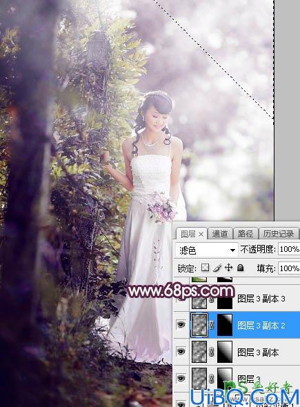 Photoshop给树林中拍摄的清新美女婚纱艺术照调出唯美的淡紫色