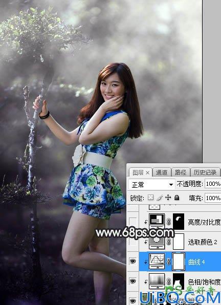 Photoshop调色教程：给唯美森林中自拍的成熟魅力女人艺术照调出中性紫绿